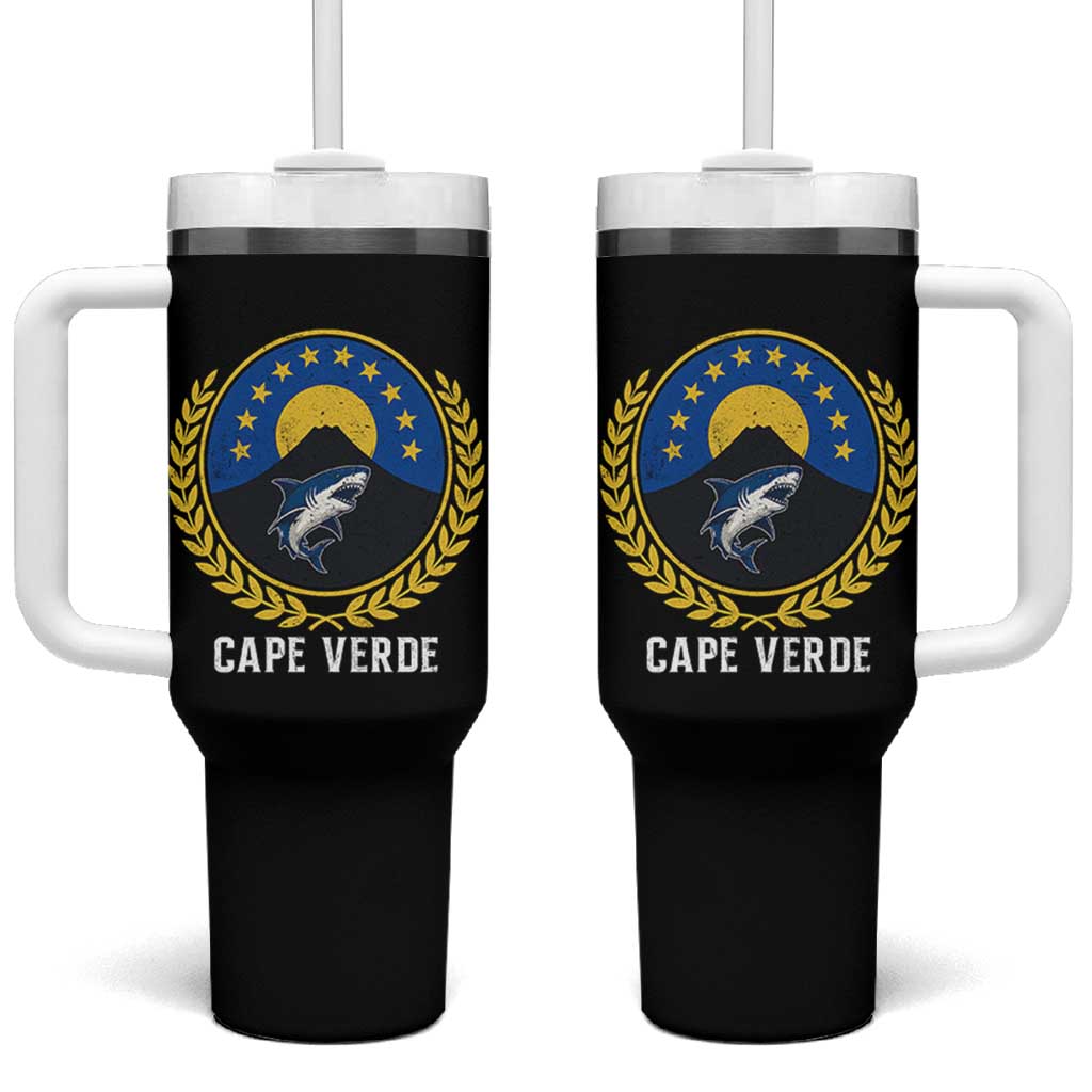 Cape Verde Volcano Blue Sharks Gold Laurel Crest Graphic Tumbler With Handle Retro Cabo Verde Heritage Pride