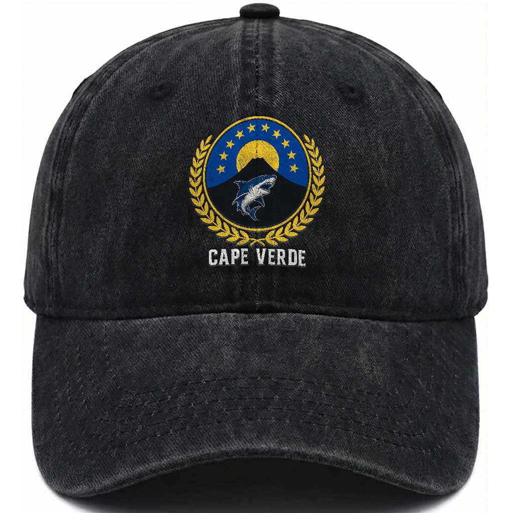 Cape Verde Volcano Blue Sharks Gold Laurel Crest Graphic Washed Cotton Baseball Cap Retro Cabo Verde Heritage Pride
