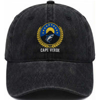 Cape Verde Volcano Blue Sharks Gold Laurel Crest Graphic Washed Cotton Baseball Cap Retro Cabo Verde Heritage Pride