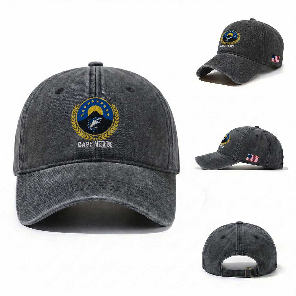 Cape Verde Volcano Blue Sharks Gold Laurel Crest Graphic Washed Cotton Baseball Cap Retro Cabo Verde Heritage Pride