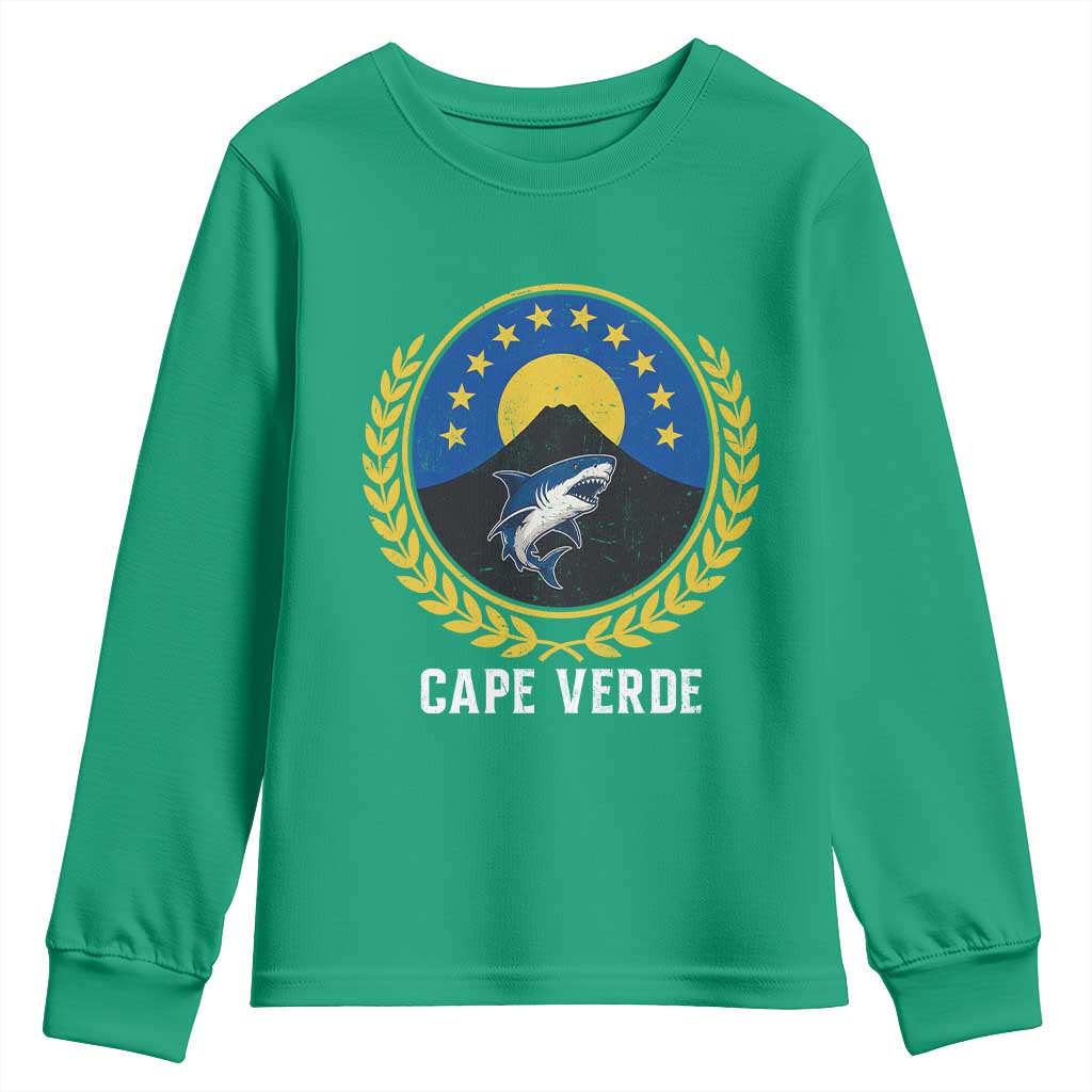 Cape Verde Volcano Blue Sharks Gold Laurel Crest Graphic Youth Sweatshirt Retro Cabo Verde Heritage Pride