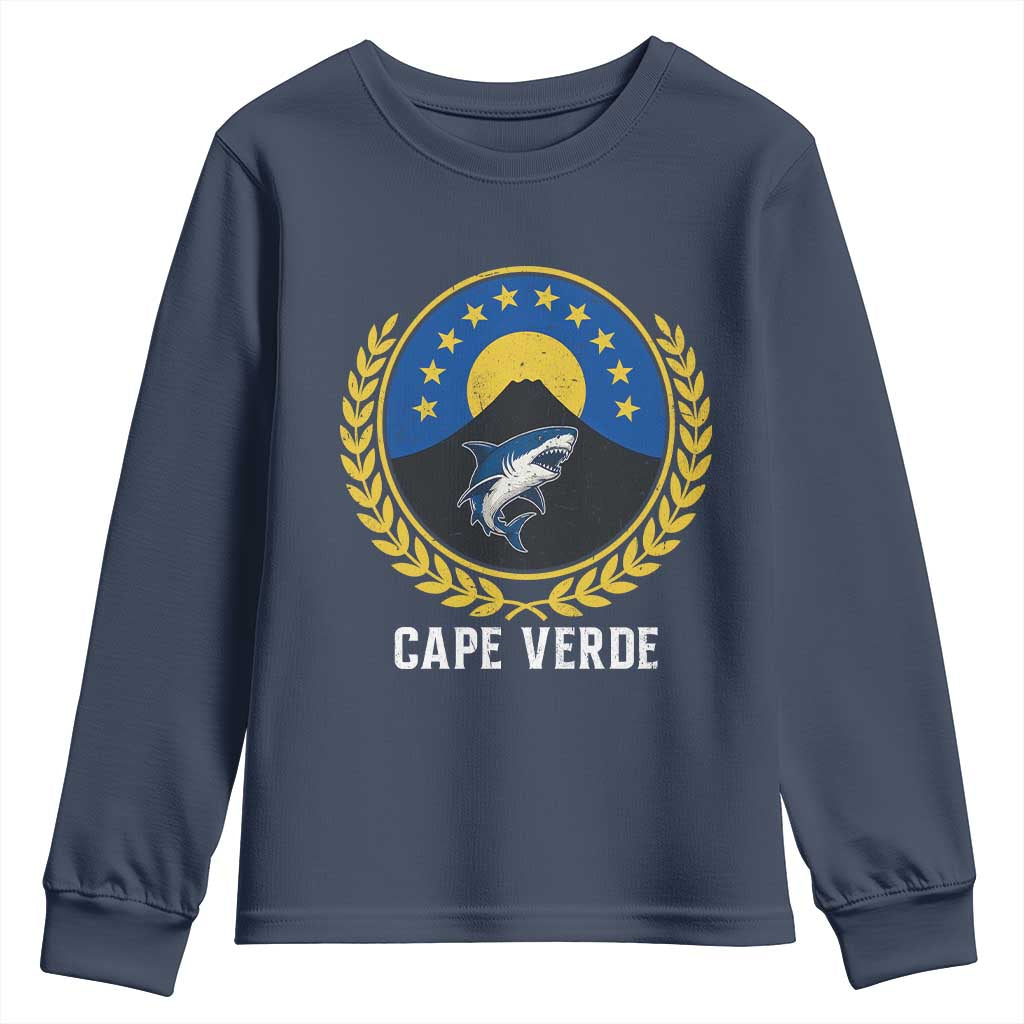 Cape Verde Volcano Blue Sharks Gold Laurel Crest Graphic Youth Sweatshirt Retro Cabo Verde Heritage Pride