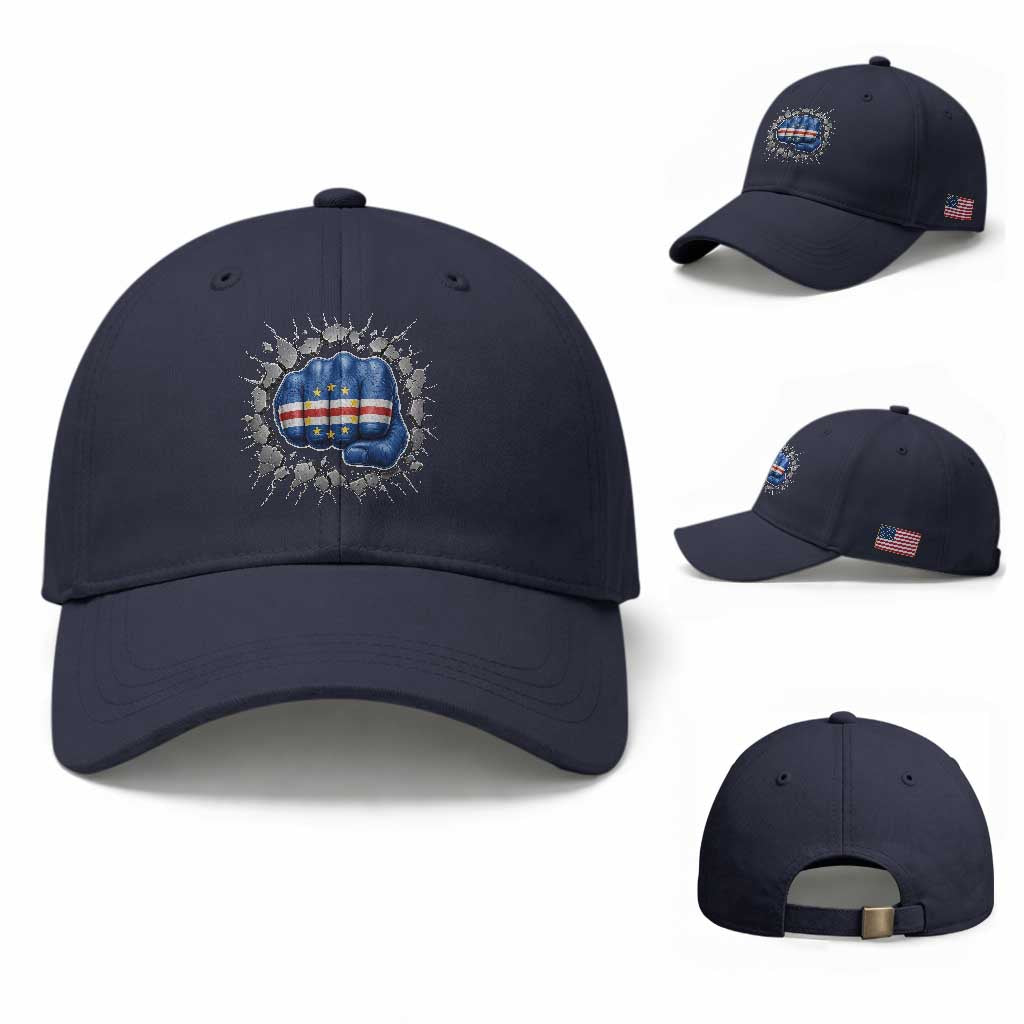 Cape Verde Flag Fist Power Stone Wall Break Graphic Baseball Cap Cabo Verde Strong Roots National Pride