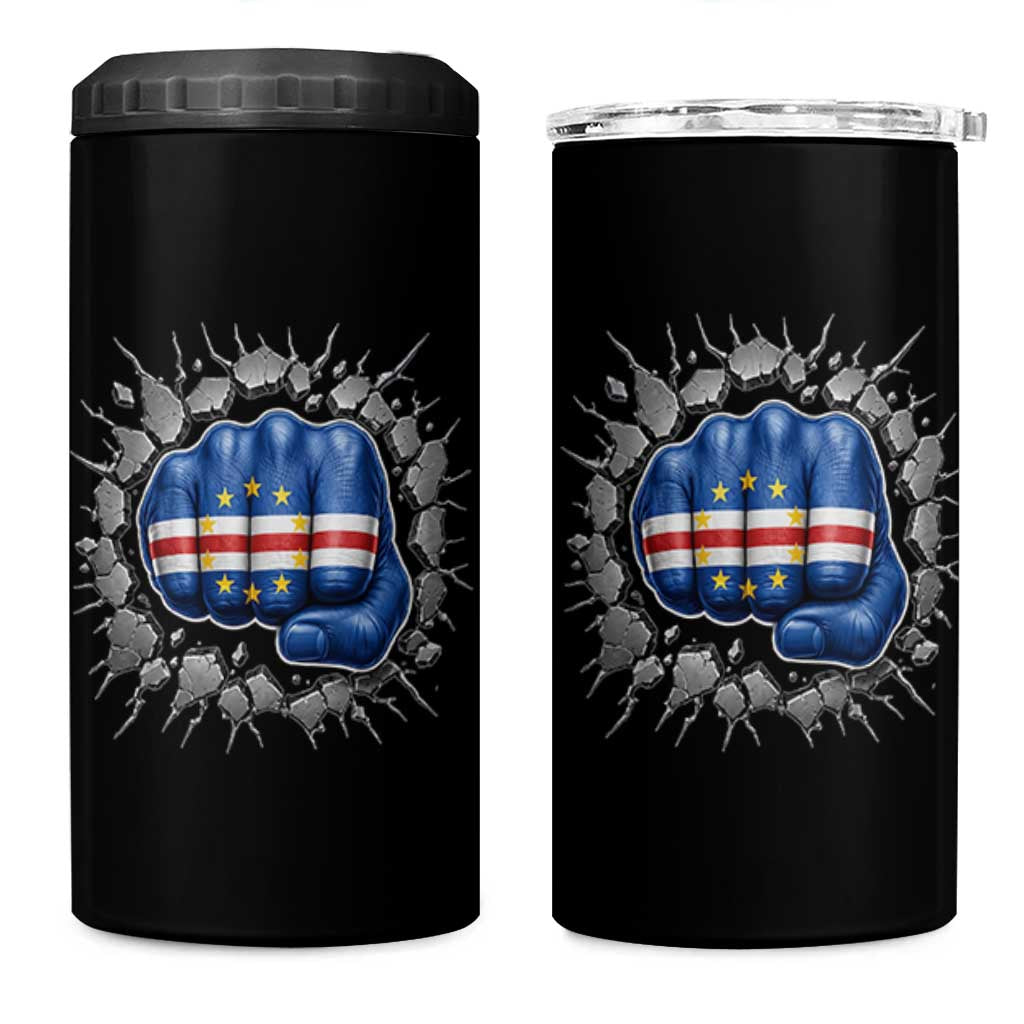 Cape Verde Flag Fist Power Stone Wall Break Graphic 4 in 1 Can Cooler Tumbler Cabo Verde Strong Roots National Pride