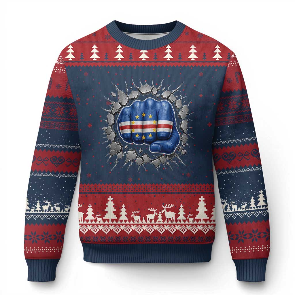 Cape Verde Flag Fist Power Stone Wall Break Graphic Ugly Christmas Sweater Cabo Verde Strong Roots National Pride
