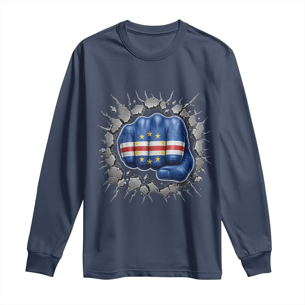 Cape Verde Flag Fist Power Stone Wall Break Graphic Long Sleeve Shirt Cabo Verde Strong Roots National Pride