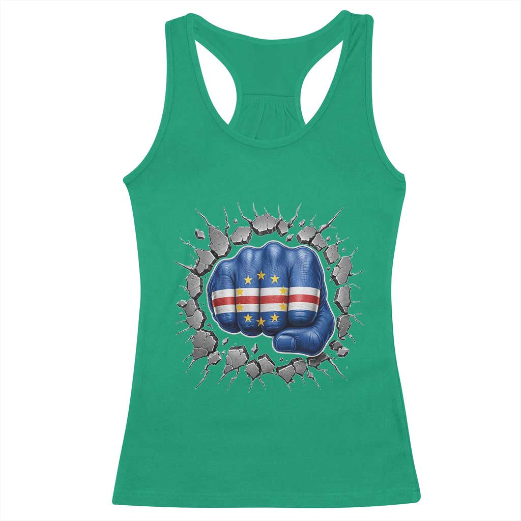 Cape Verde Flag Fist Power Stone Wall Break Graphic Racerback Tank Top Cabo Verde Strong Roots National Pride