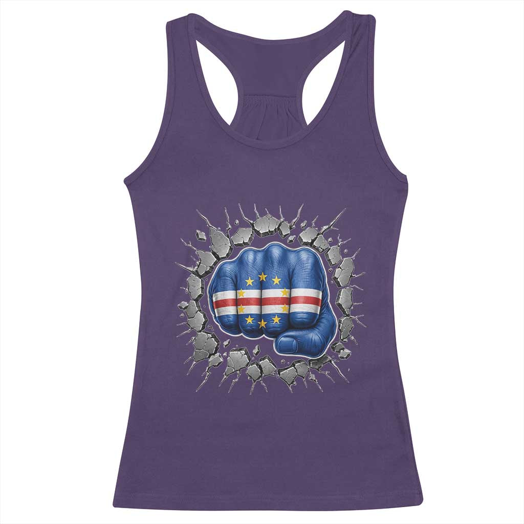 Cape Verde Flag Fist Power Stone Wall Break Graphic Racerback Tank Top Cabo Verde Strong Roots National Pride