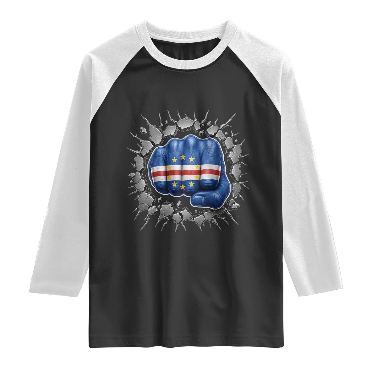 Cape Verde Flag Fist Power Stone Wall Break Graphic Raglan Shirt Cabo Verde Strong Roots National Pride