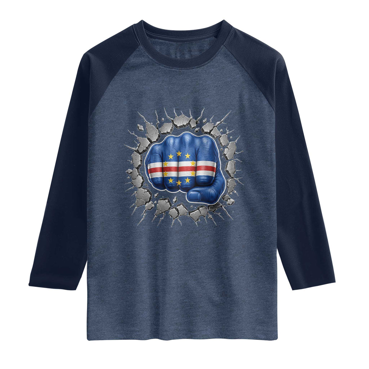 Cape Verde Flag Fist Power Stone Wall Break Graphic Raglan Shirt Cabo Verde Strong Roots National Pride