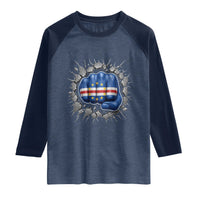 Cape Verde Flag Fist Power Stone Wall Break Graphic Raglan Shirt Cabo Verde Strong Roots National Pride