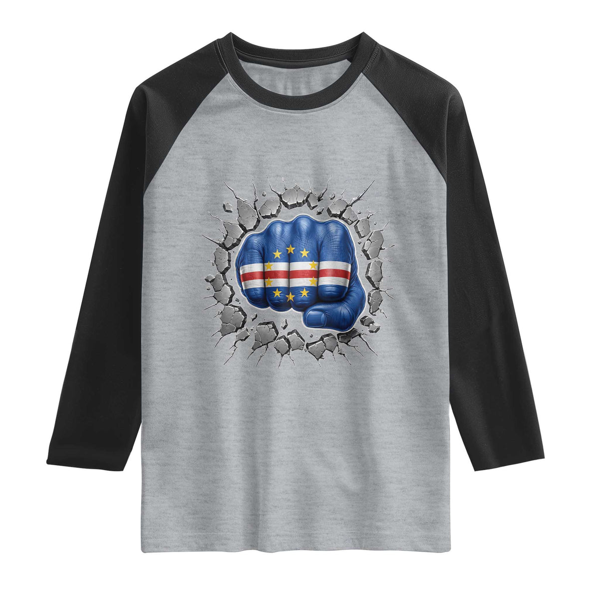 Cape Verde Flag Fist Power Stone Wall Break Graphic Raglan Shirt Cabo Verde Strong Roots National Pride