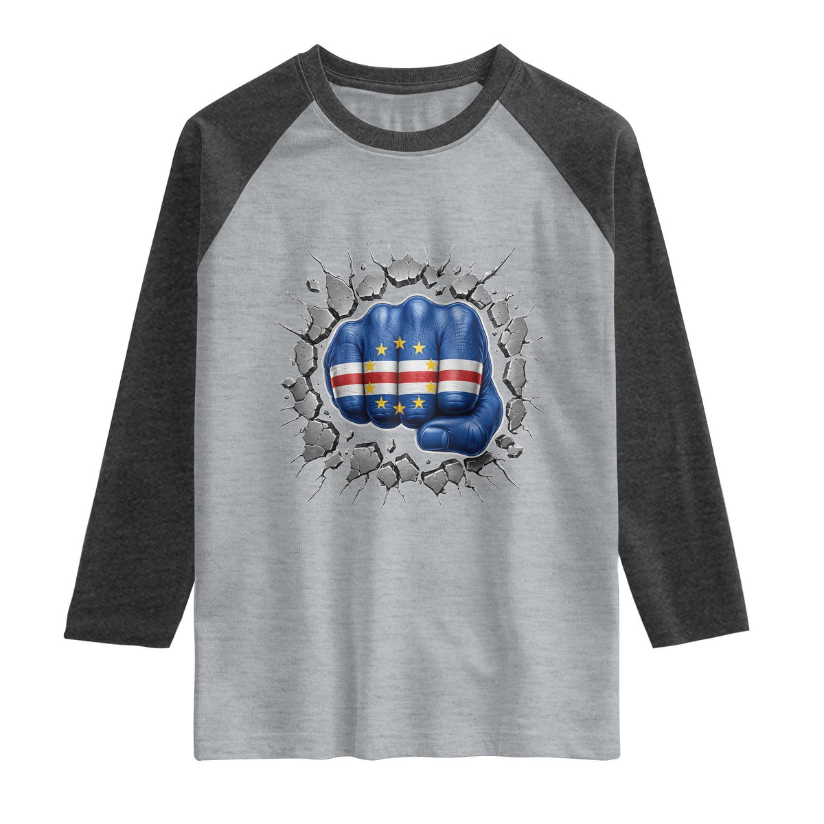 Cape Verde Flag Fist Power Stone Wall Break Graphic Raglan Shirt Cabo Verde Strong Roots National Pride