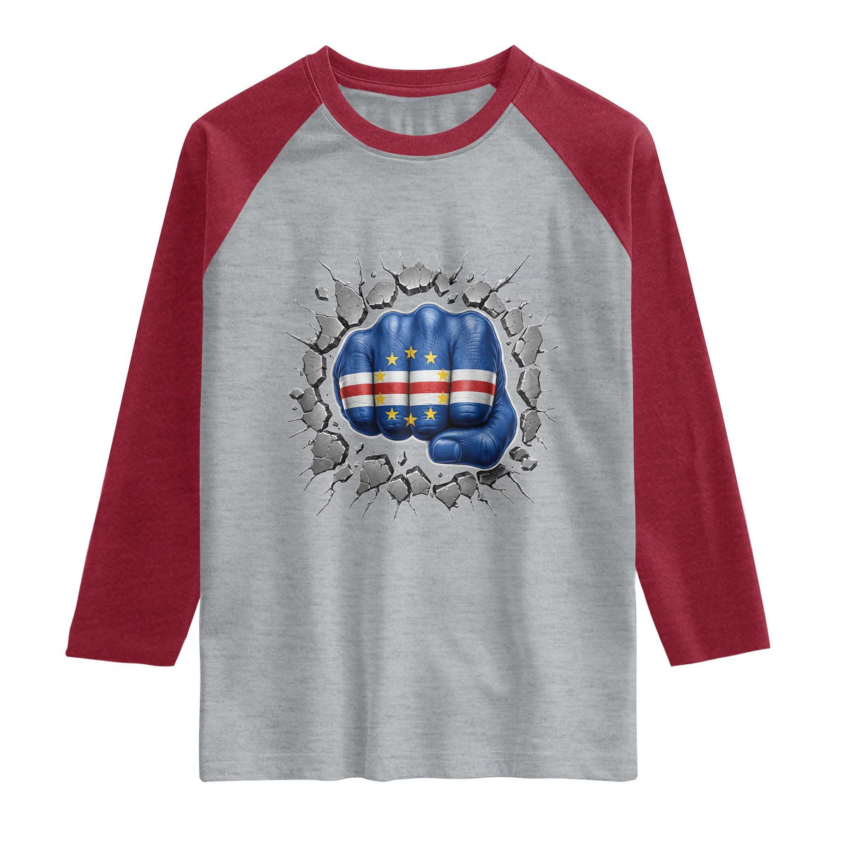 Cape Verde Flag Fist Power Stone Wall Break Graphic Raglan Shirt Cabo Verde Strong Roots National Pride