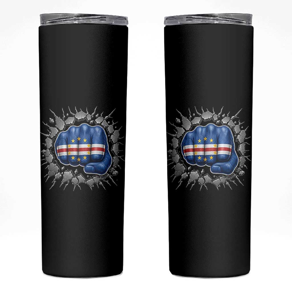Cape Verde Flag Fist Power Stone Wall Break Graphic Skinny Tumbler Cabo Verde Strong Roots National Pride