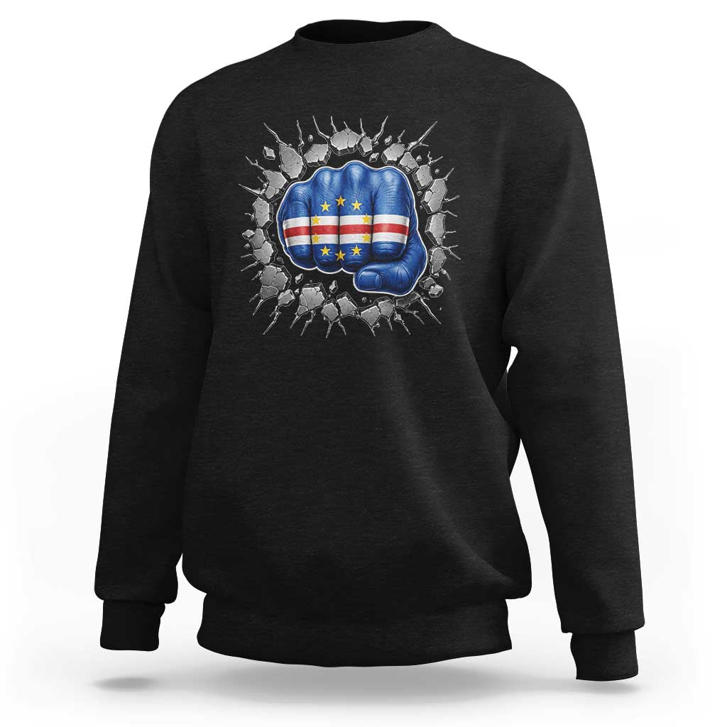 Cape Verde Flag Fist Power Stone Wall Break Graphic Sweatshirt Cabo Verde Strong Roots National Pride
