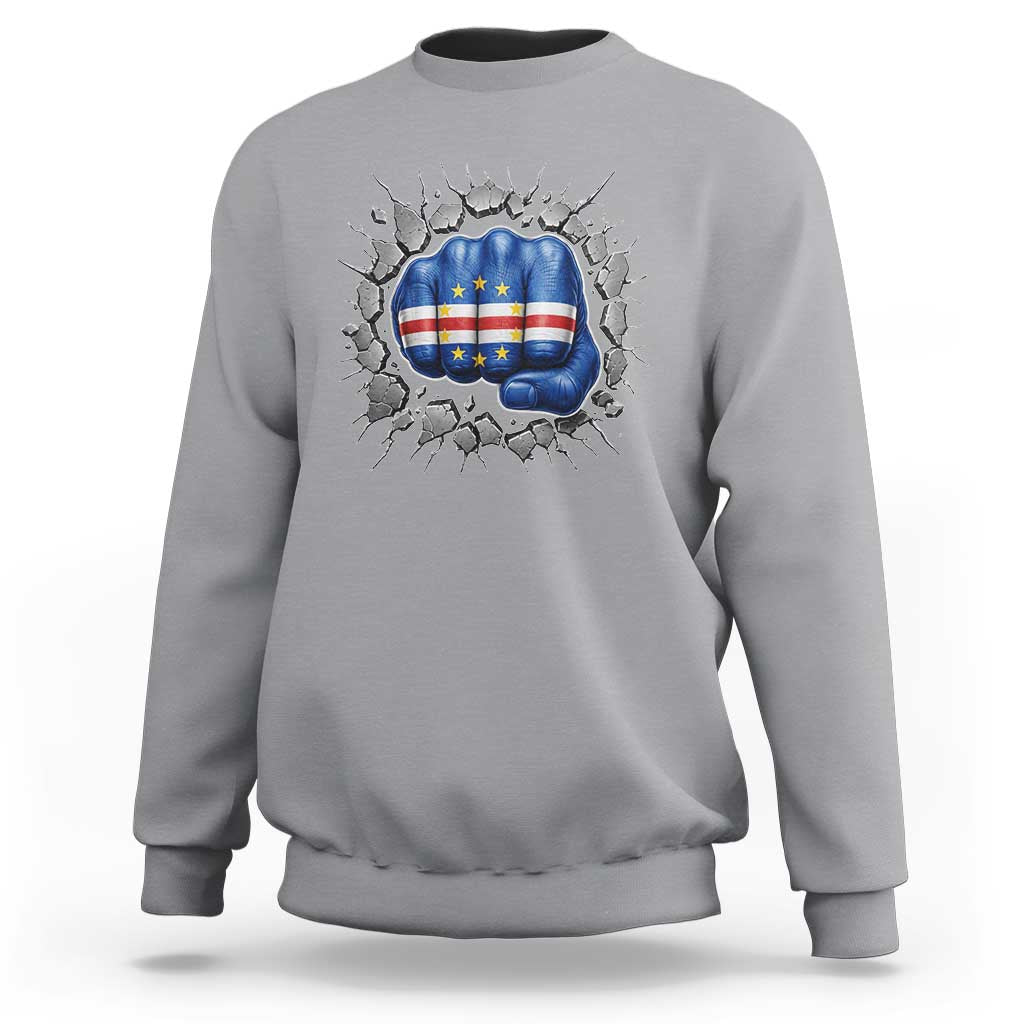 Cape Verde Flag Fist Power Stone Wall Break Graphic Sweatshirt Cabo Verde Strong Roots National Pride