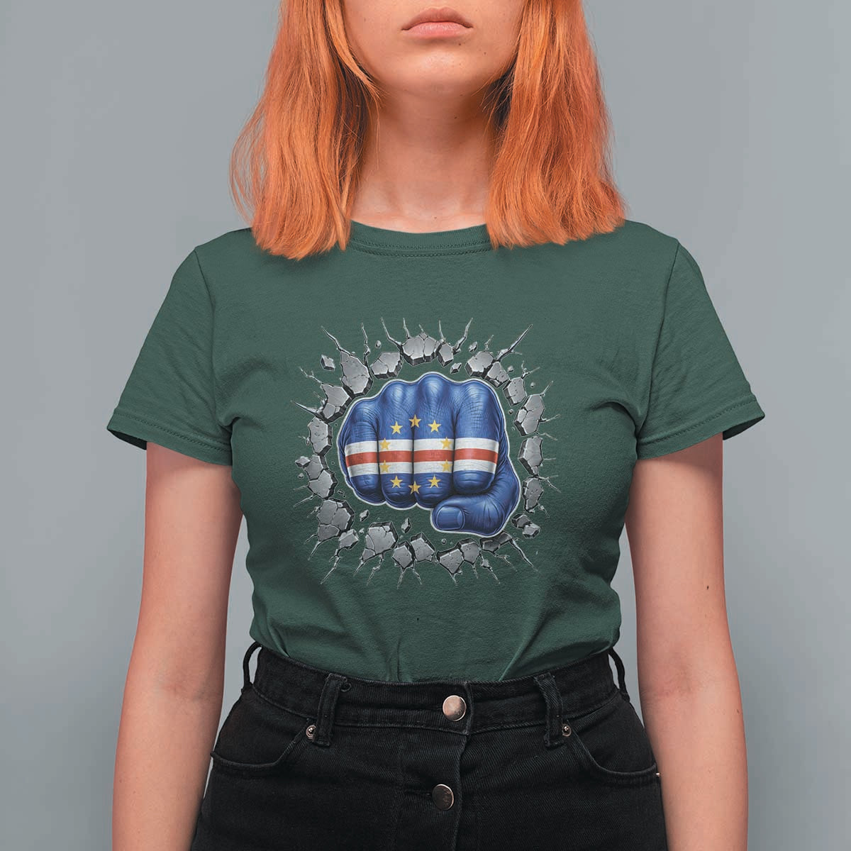 Cape Verde Flag Fist Power Stone Wall Break Graphic T Shirt For Women Cabo Verde Strong Roots National Pride