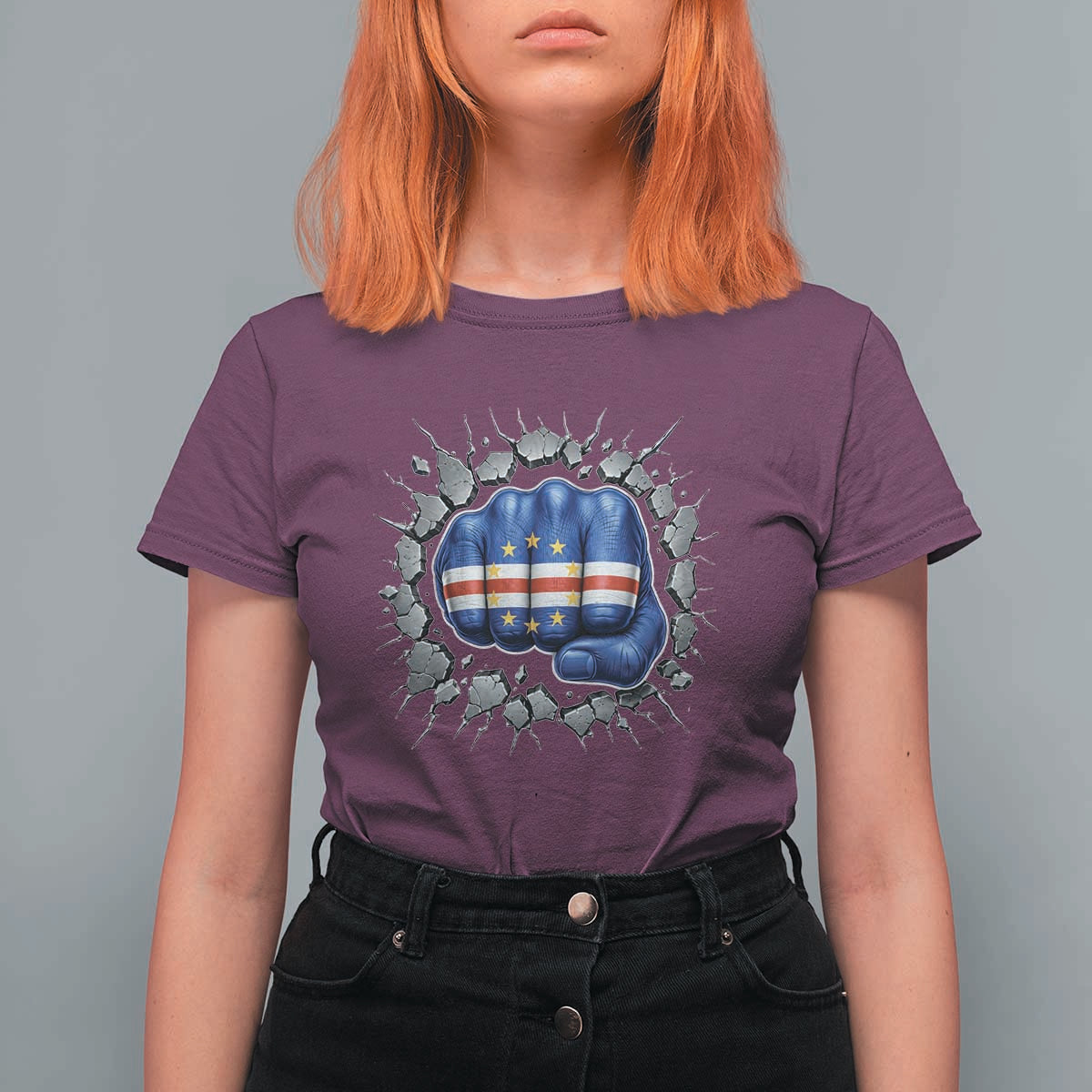 Cape Verde Flag Fist Power Stone Wall Break Graphic T Shirt For Women Cabo Verde Strong Roots National Pride