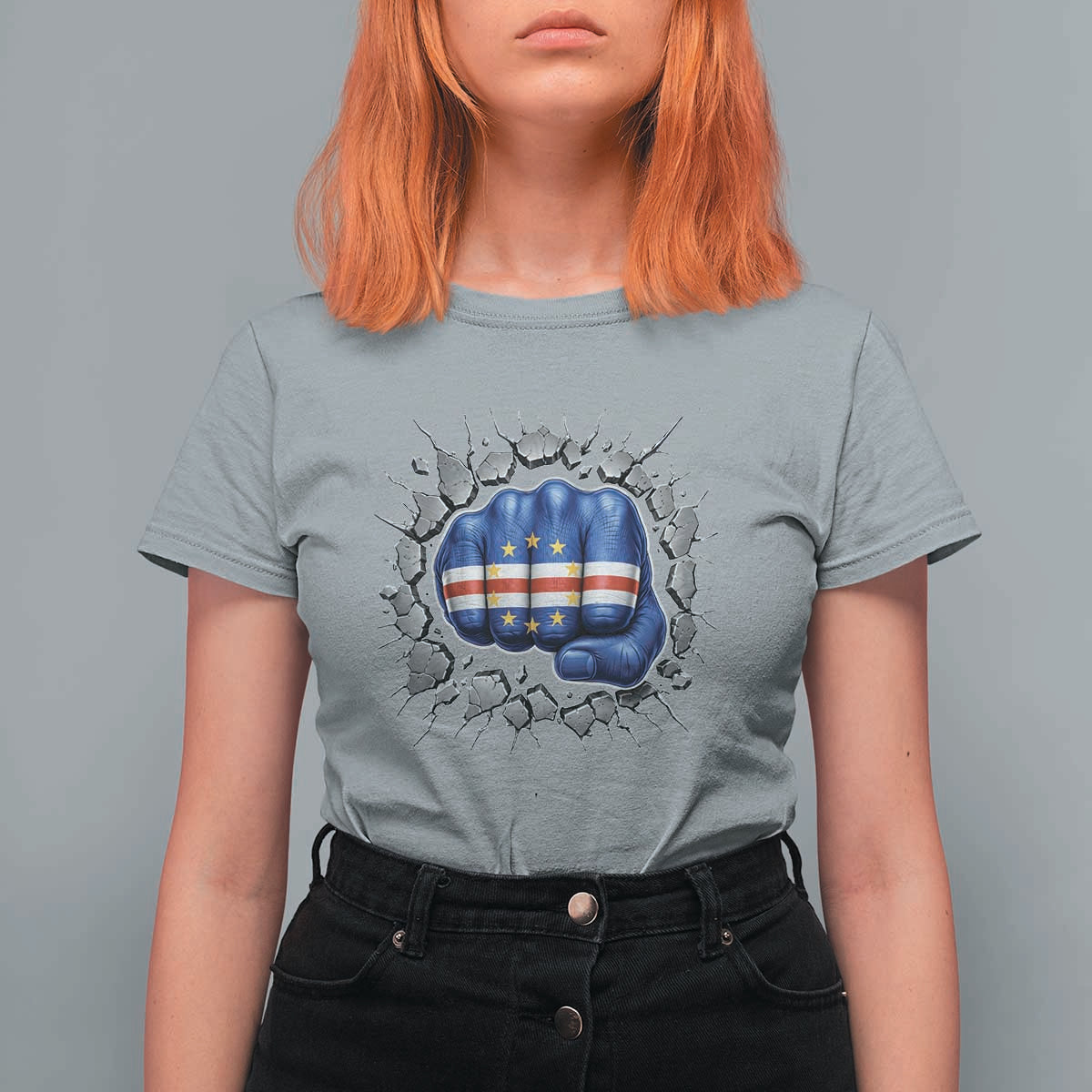 Cape Verde Flag Fist Power Stone Wall Break Graphic T Shirt For Women Cabo Verde Strong Roots National Pride