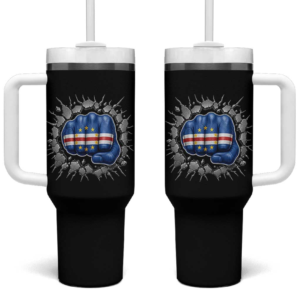 Cape Verde Flag Fist Power Stone Wall Break Graphic Tumbler With Handle Cabo Verde Strong Roots National Pride