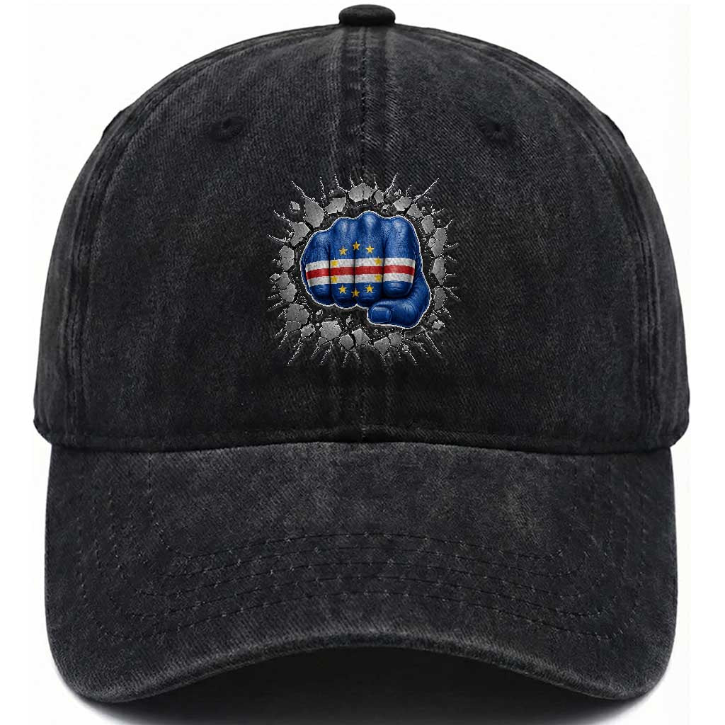 Cape Verde Flag Fist Power Stone Wall Break Graphic Washed Cotton Baseball Cap Cabo Verde Strong Roots National Pride
