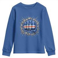 Cape Verde Flag Fist Power Stone Wall Break Graphic Youth Sweatshirt Cabo Verde Strong Roots National Pride