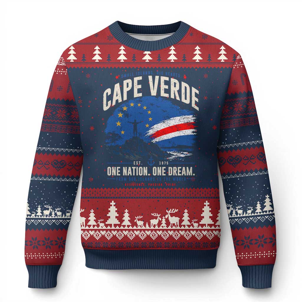 Cape Verde Small Islands Big Hearts Pride Ugly Christmas Sweater Cabo Verde One Nation One Dream Distressed Flag