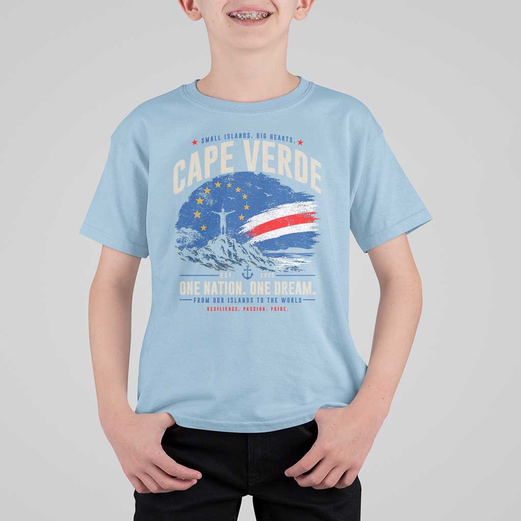 Cape Verde Small Islands Big Hearts Pride T Shirt For Kid Cabo Verde One Nation One Dream Distressed Flag
