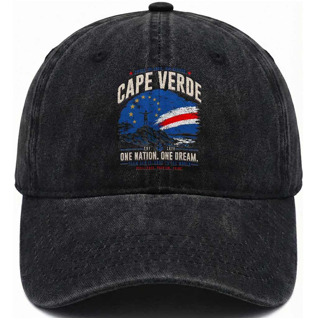 Cape Verde Small Islands Big Hearts Pride Washed Cotton Baseball Cap Cabo Verde One Nation One Dream Distressed Flag