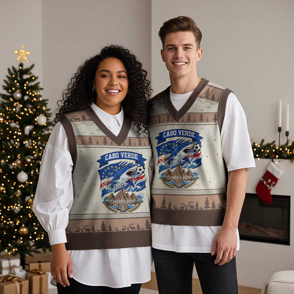 Cabo Verde Tubarões Azuis Soccer Pride V-Neck Knit Sweater Vest Cape Verde Blue Sharks Football Fans