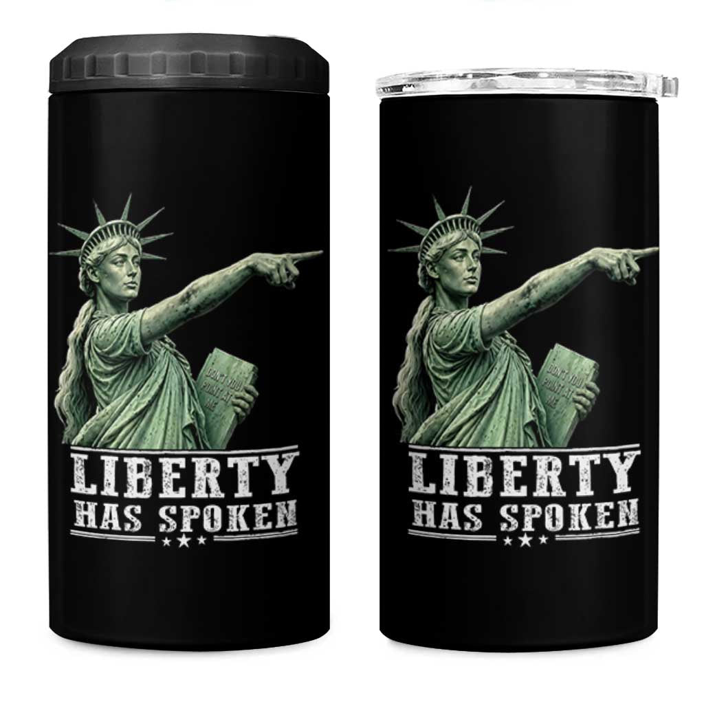 Liberty Has Spoken Pointing Statue Parody 4 in 1 Can Cooler Tumbler Funny Sarcastic Basketball Sports Viral Meme Americana