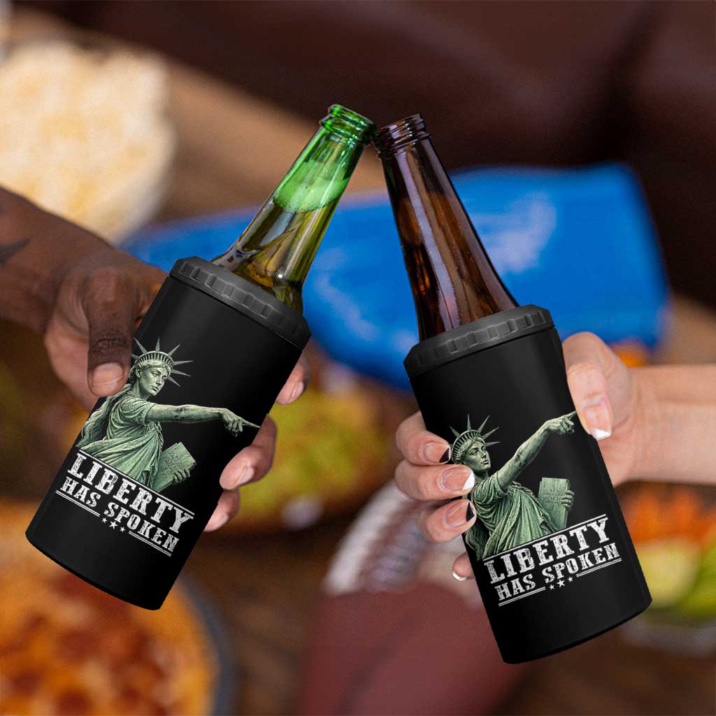 Liberty Has Spoken Pointing Statue Parody 4 in 1 Can Cooler Tumbler Funny Sarcastic Basketball Sports Viral Meme Americana