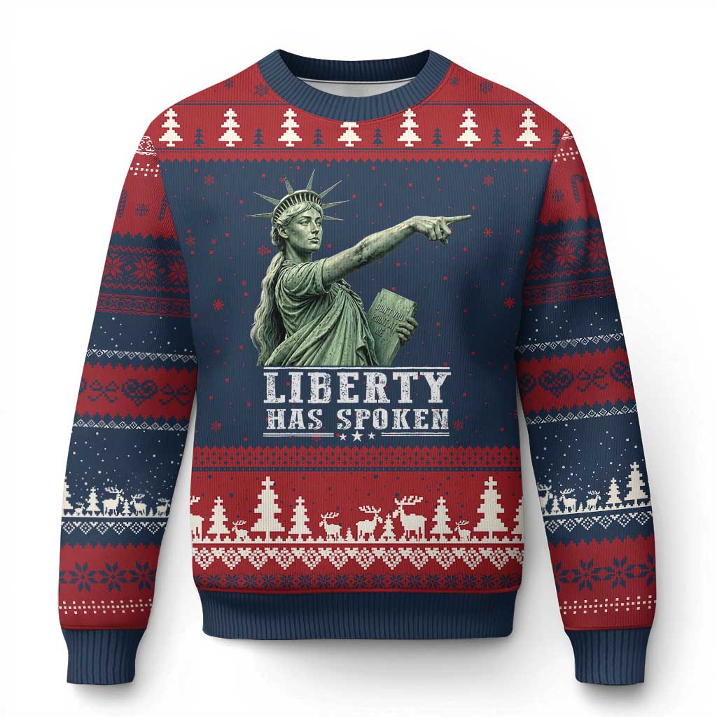 Liberty Has Spoken Pointing Statue Parody Ugly Christmas Sweater Funny Sarcastic Basketball Sports Viral Meme Americana