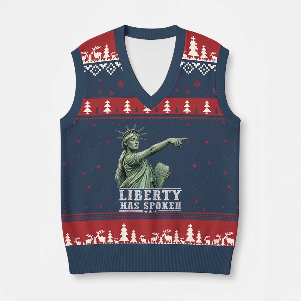 Liberty Has Spoken Pointing Statue Parody V-Neck Knit Sweater Vest Funny Sarcastic Basketball Sports Viral Meme Americana