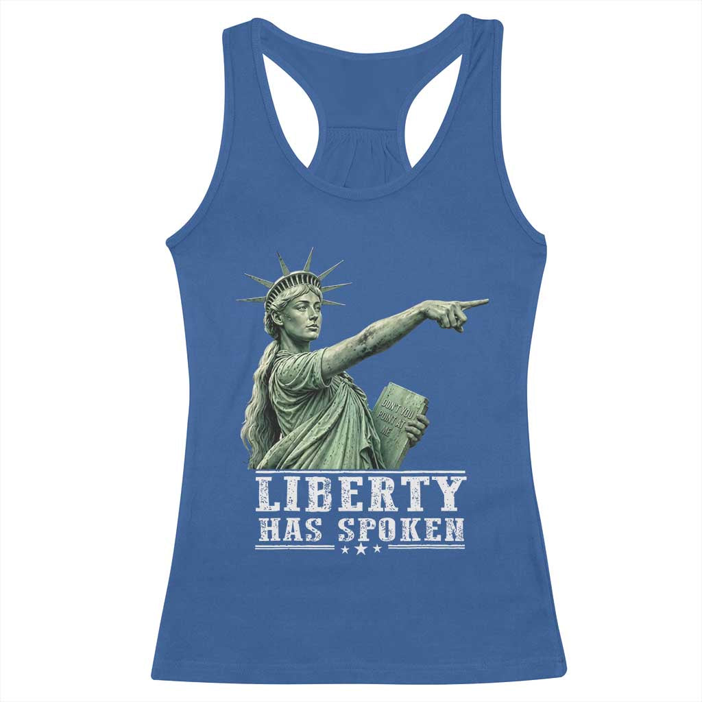 Liberty Has Spoken Pointing Statue Parody Racerback Tank Top Funny Sarcastic Basketball Sports Viral Meme Americana
