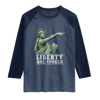 Liberty Has Spoken Pointing Statue Parody Raglan Shirt Funny Sarcastic Basketball Sports Viral Meme Americana