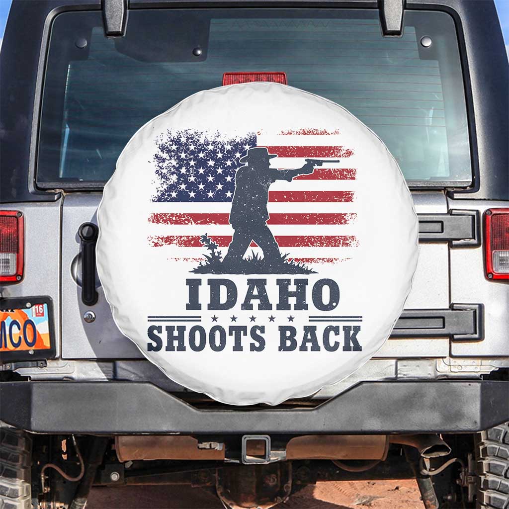 Idaho Shoots Back Distressed American Flag Spare Tire Cover Cowboy Gunslinger Graphic