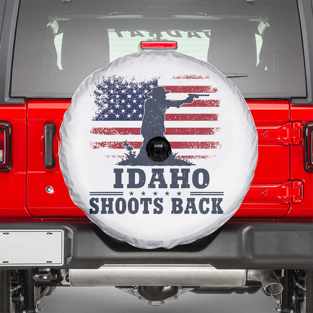 Idaho Shoots Back Distressed American Flag Spare Tire Cover Cowboy Gunslinger Graphic