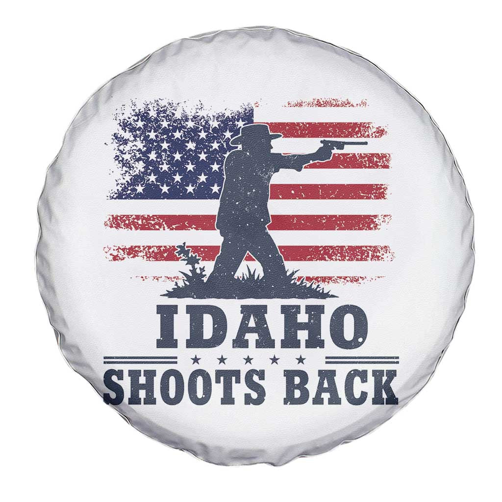Idaho Shoots Back Distressed American Flag Spare Tire Cover Cowboy Gunslinger Graphic
