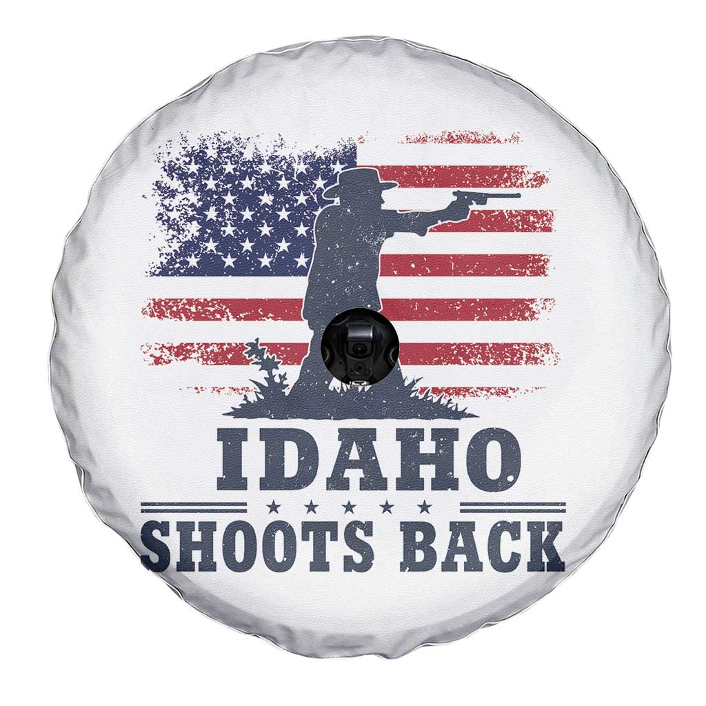 Idaho Shoots Back Distressed American Flag Spare Tire Cover Cowboy Gunslinger Graphic