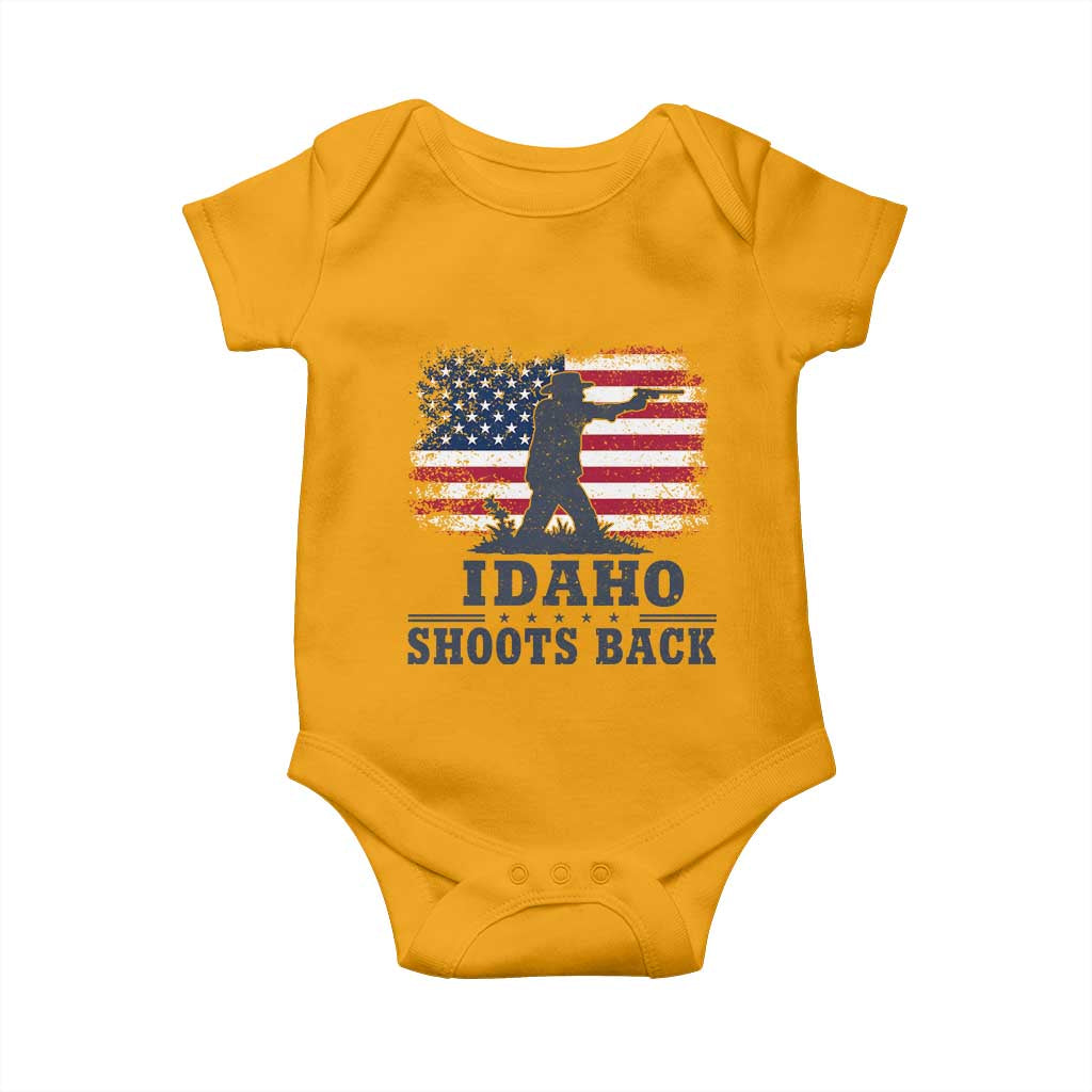 Idaho Shoots Back Distressed American Flag Baby Onesie Cowboy Gunslinger Graphic
