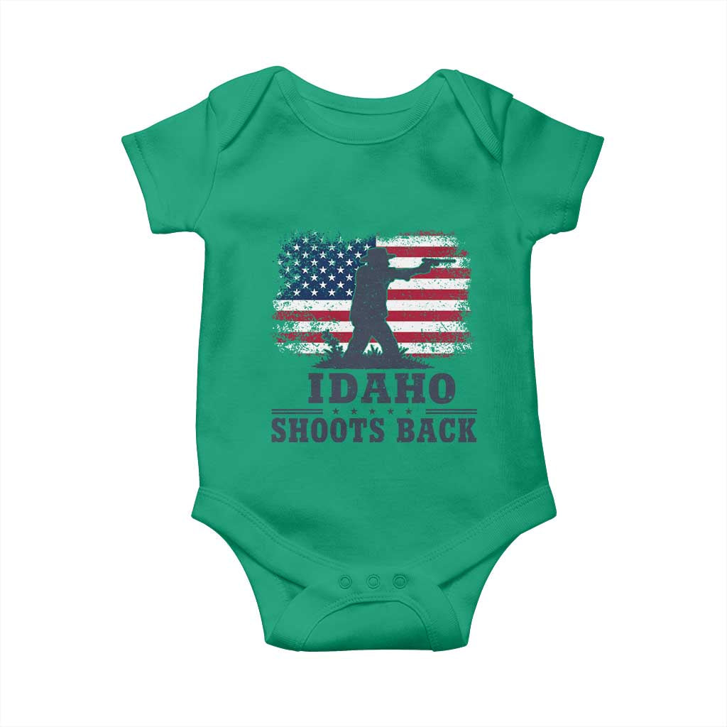 Idaho Shoots Back Distressed American Flag Baby Onesie Cowboy Gunslinger Graphic