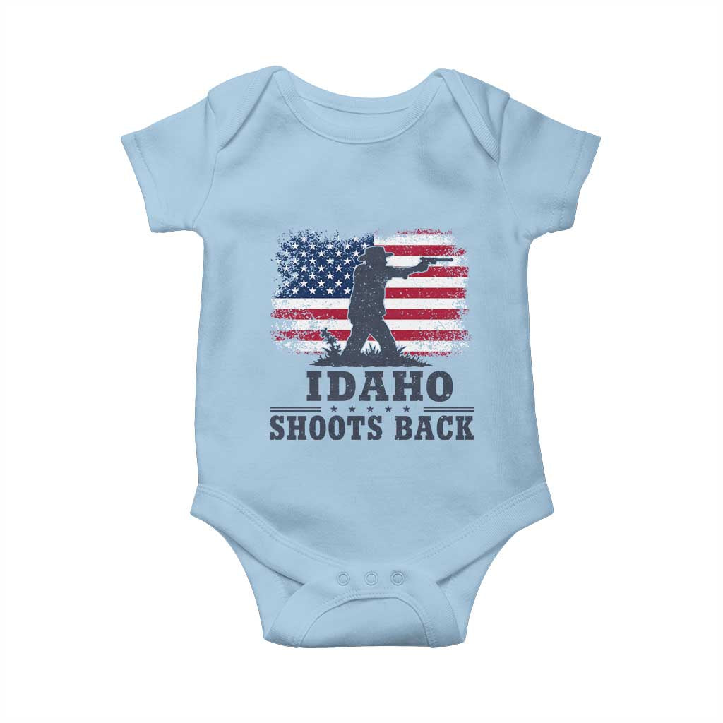 Idaho Shoots Back Distressed American Flag Baby Onesie Cowboy Gunslinger Graphic