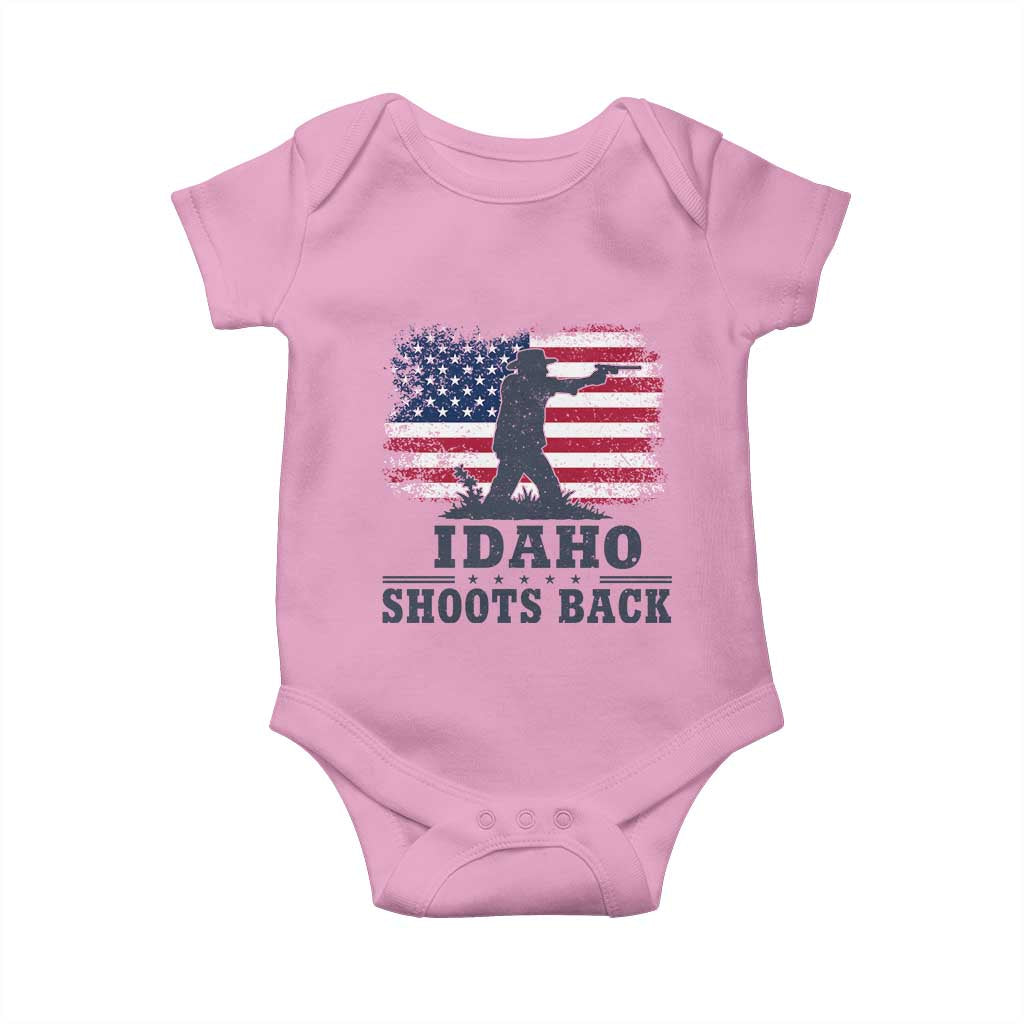 Idaho Shoots Back Distressed American Flag Baby Onesie Cowboy Gunslinger Graphic