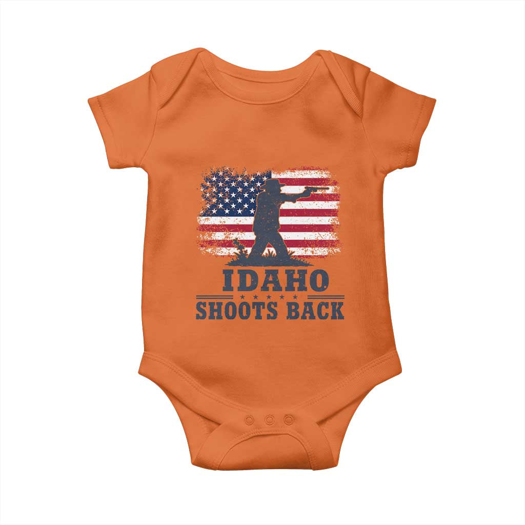 Idaho Shoots Back Distressed American Flag Baby Onesie Cowboy Gunslinger Graphic