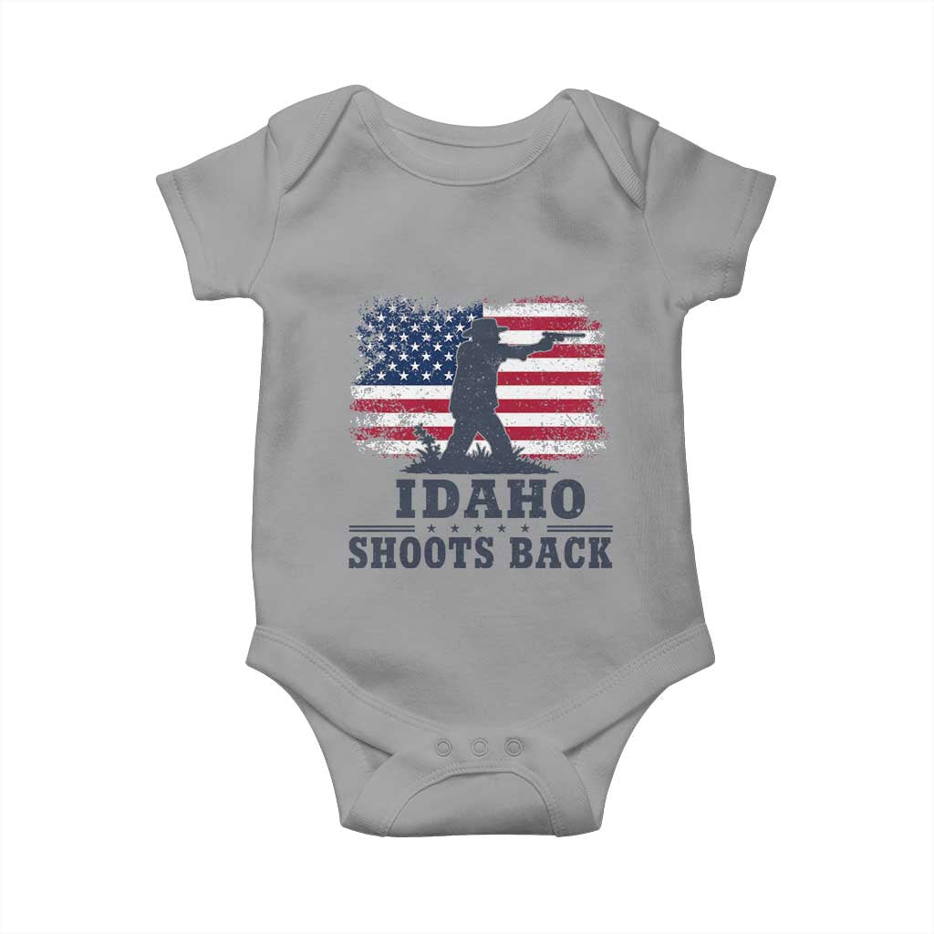 Idaho Shoots Back Distressed American Flag Baby Onesie Cowboy Gunslinger Graphic