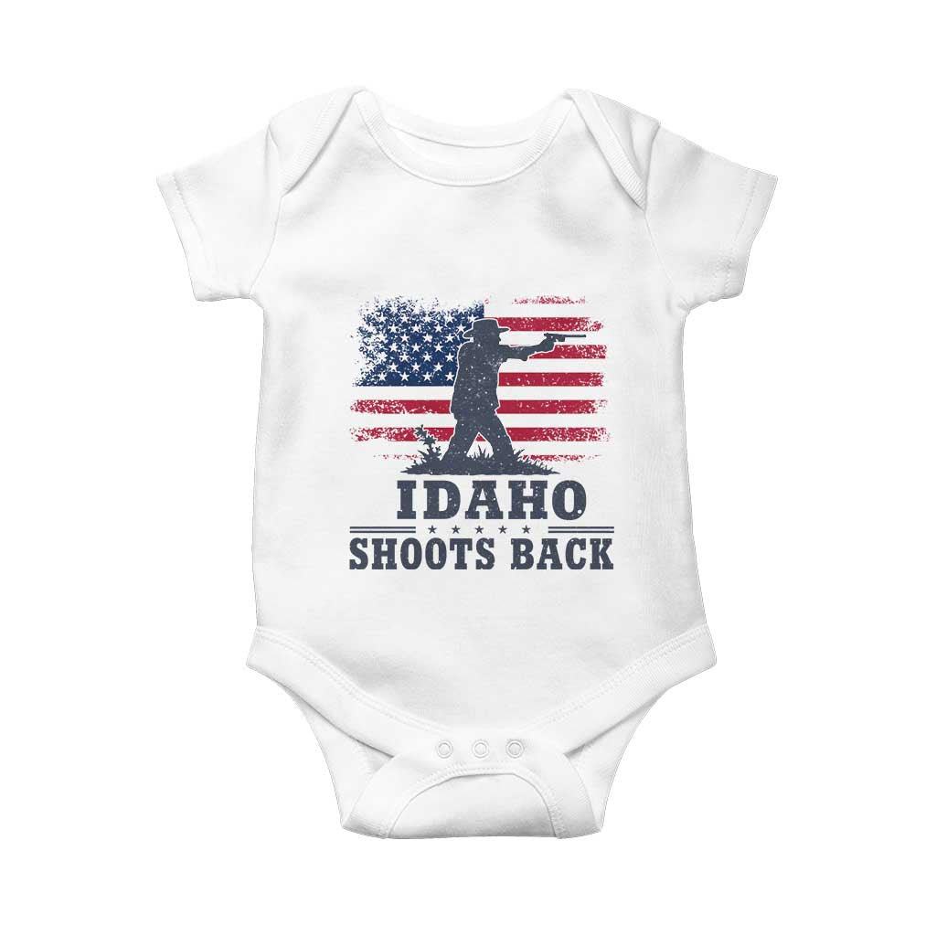 Idaho Shoots Back Distressed American Flag Baby Onesie Cowboy Gunslinger Graphic