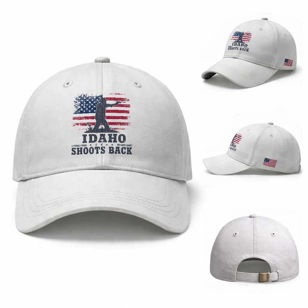 Idaho Shoots Back Distressed American Flag Baseball Cap Cowboy Gunslinger Graphic