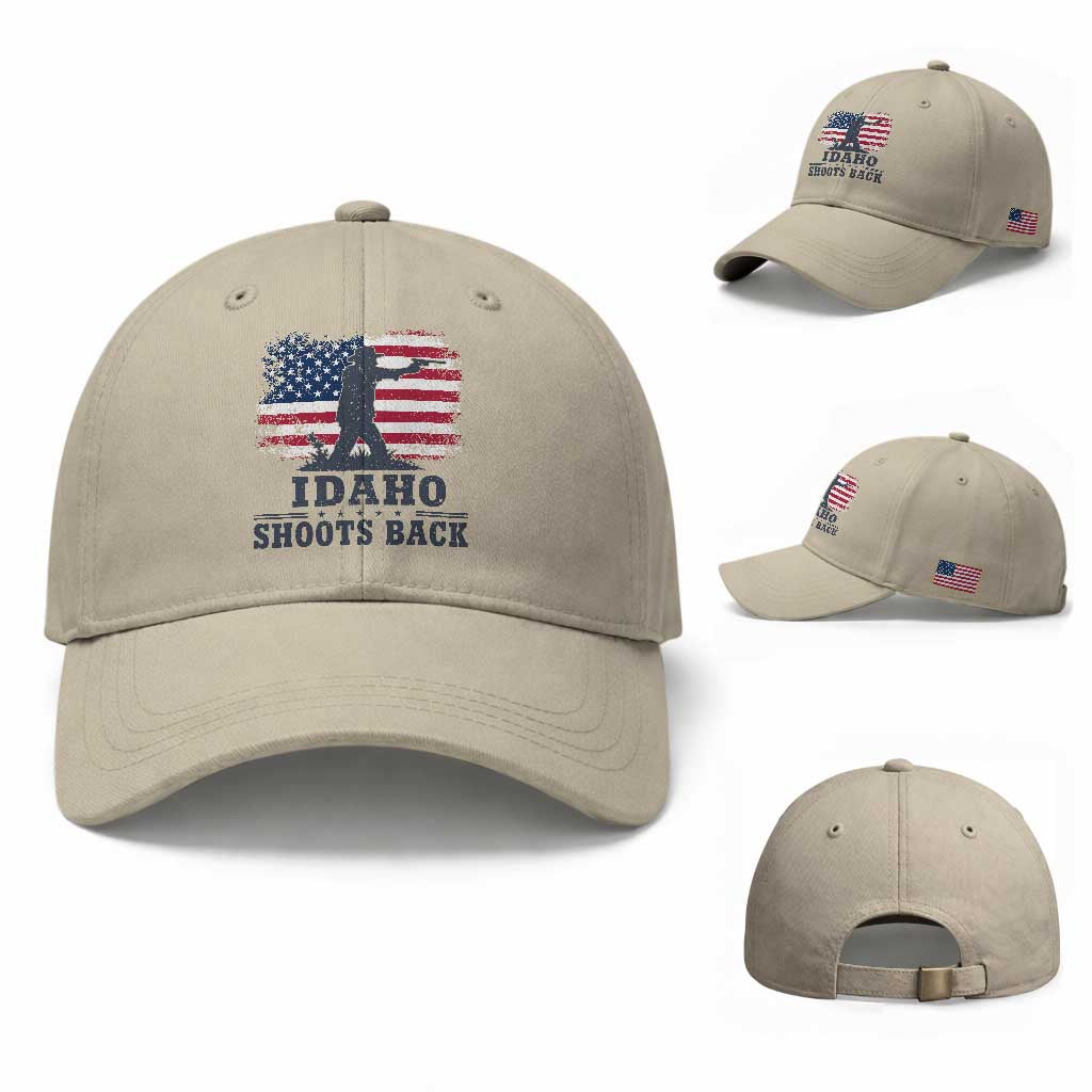 Idaho Shoots Back Distressed American Flag Baseball Cap Cowboy Gunslinger Graphic